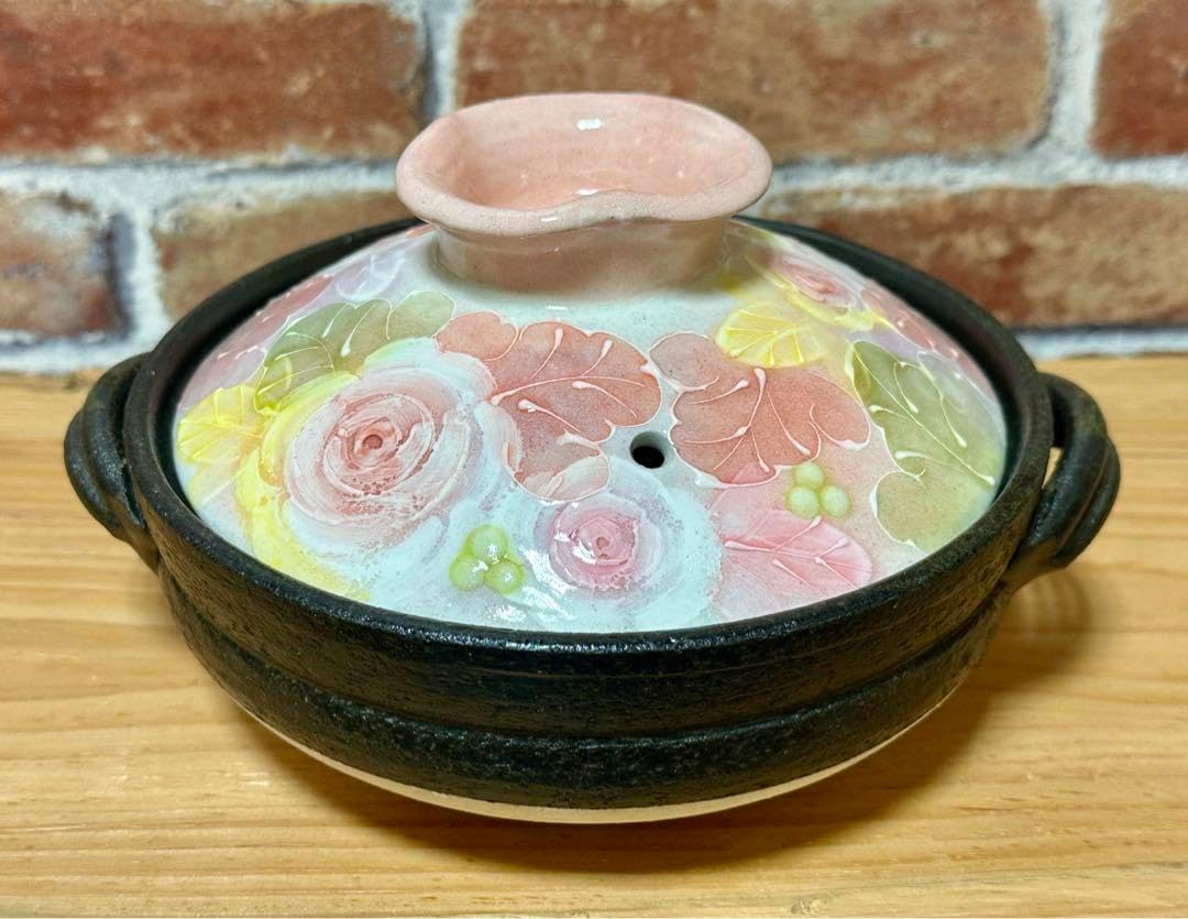 【値下げ】工房ゆずりは　土鍋　６号　釉彩ローズ　直火用　径18.5cm　一人用 工房ゆずりは 土鍋 6号 釉彩ローズ 直火オーブンレンジ 径18.5